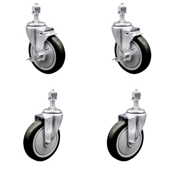 Service Caster 5 Inch Black Polyurethane Wheel Swivel 1/2 Inch Threaded Stem Caster Brakes, 2PK SCC-TS20S514-PPUB-BLK-TLB-121315-2S2 - main